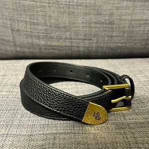 Lauren Ralph Lauren Skinny Black Leather Belt with Gold Buckle